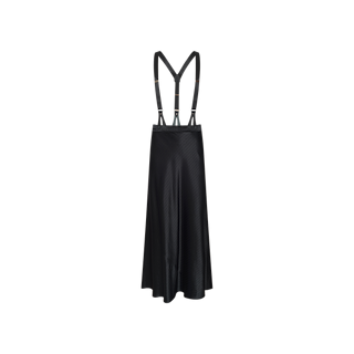 The Vespera Suspender Maxi Skirt, shown from the back against a plain white background, features a black satin finish with subtle pinstripe suiting details and adjustable thin suspenders.