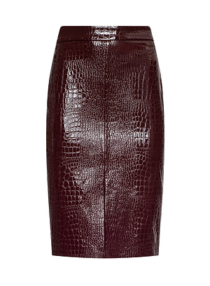 The Violetta Croc-Embossed Skirt is a high-waisted, knee-length pencil skirt in dark burgundy leather with a crocodile texture, inspired by Fall 2026 trends and featured at New York Fashion Week, shown on a white background.