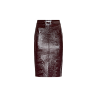 The Violetta Vegan Leather Skirt is a high-waisted, knee-length piece crafted from burgundy croc-embossed vegan leather with a shiny finish and textured detailing, shown against a plain white background.