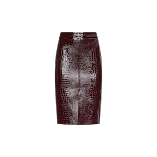 The Violetta Vegan Leather Skirt is a high-waisted, knee-length piece in dark burgundy vegan leather with a glossy crocodile-embossed texture, echoing standout New York Fashion Week styles, shown against a plain white background.