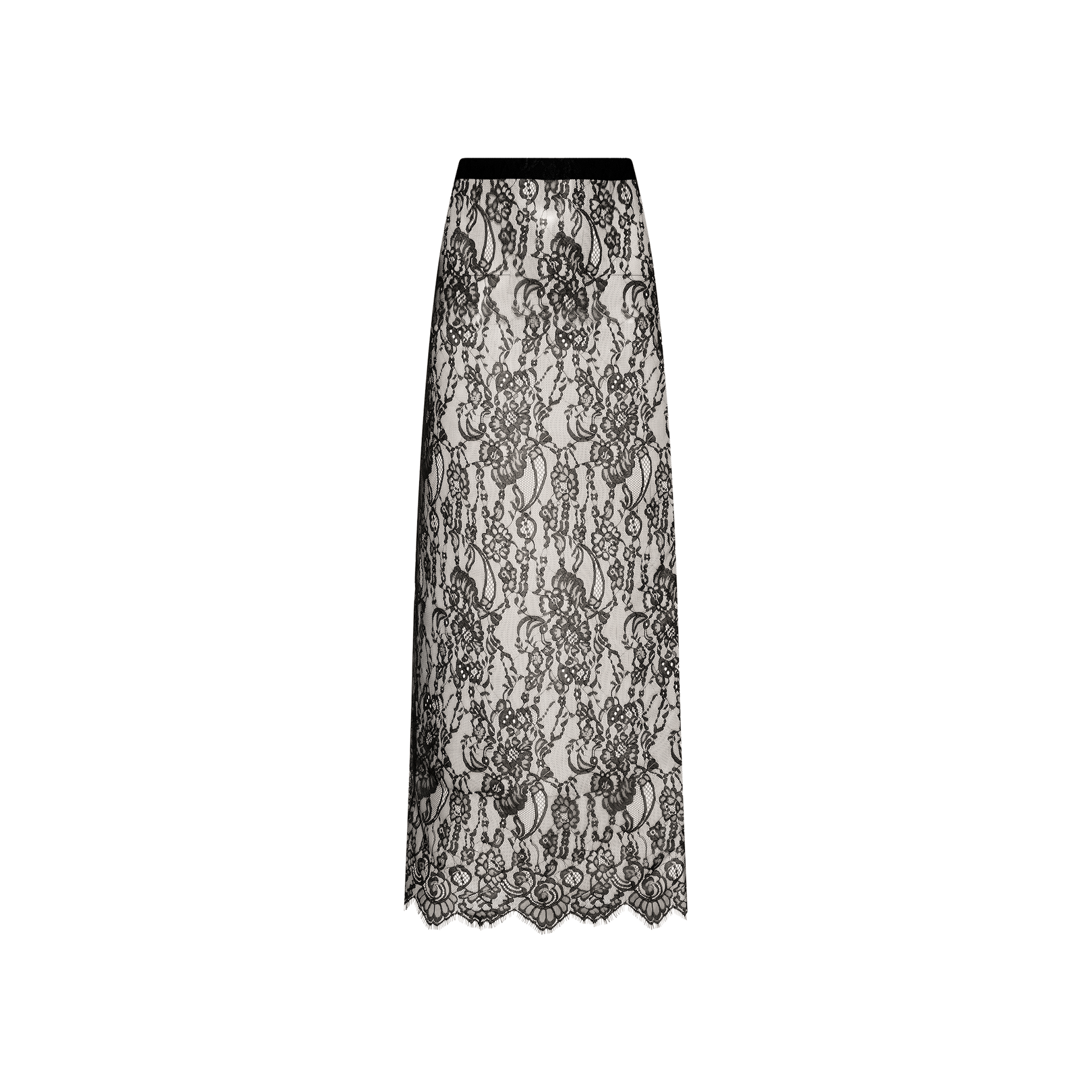 The Raymonde Lace Maxi Skirt is a long, straight black Chantilly lace skirt adorned with a floral pattern overlay on a light background, featuring a fitted waist and scalloped hem—perfect as a stunning night out piece.