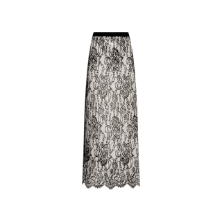 The Raymonde Lace Maxi Skirt is a long, straight black Chantilly lace skirt adorned with a floral pattern overlay on a light background, featuring a fitted waist and scalloped hem—perfect as a stunning night out piece.