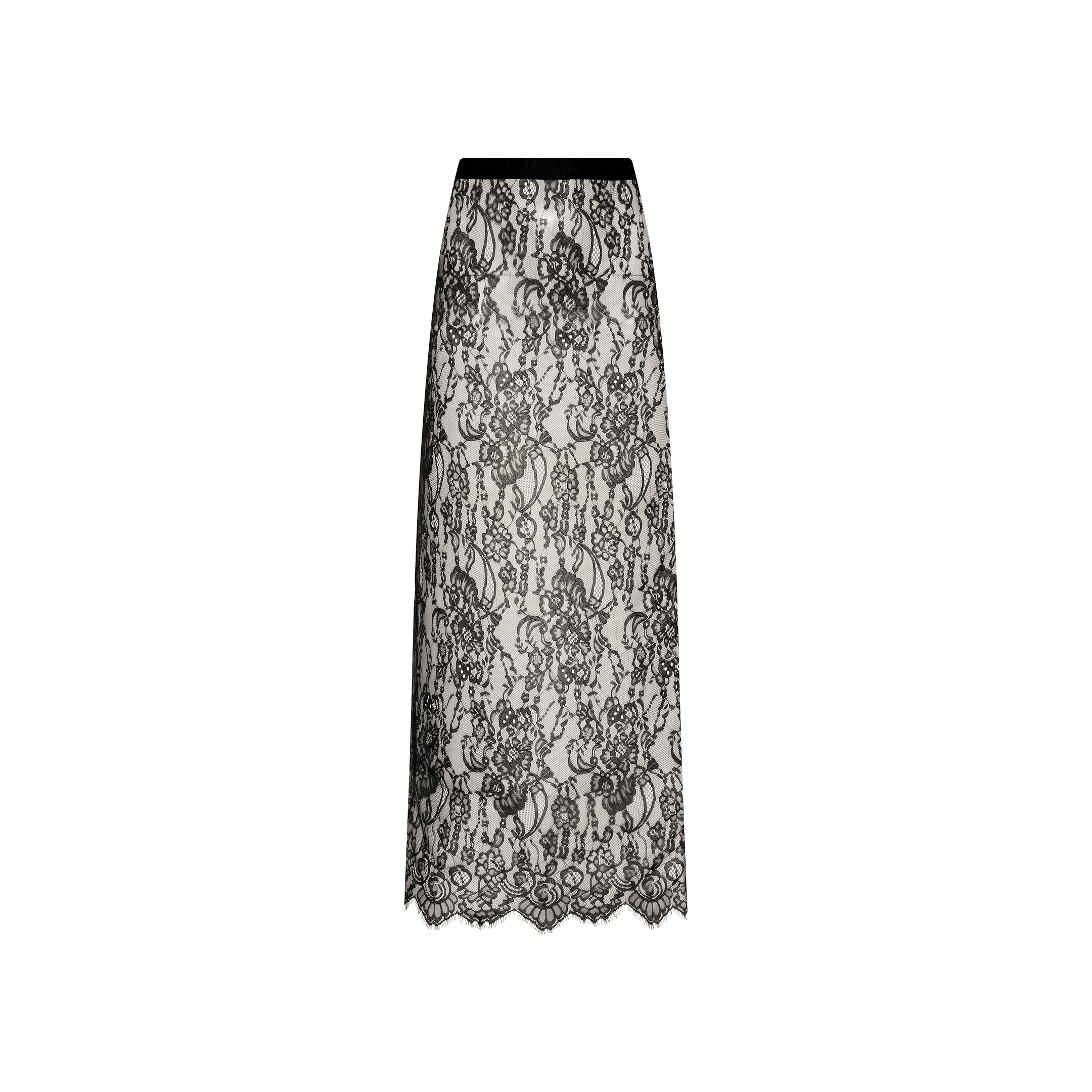 The Raymonde Lace Maxi Skirt is a long, straight black Chantilly lace skirt adorned with a floral pattern overlay on a light background, featuring a fitted waist and scalloped hem—perfect as a stunning night out piece.