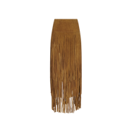 Karoline Suede Fringe Skirt in tan, featuring a high-waisted midi length and tiered fringe detailing.