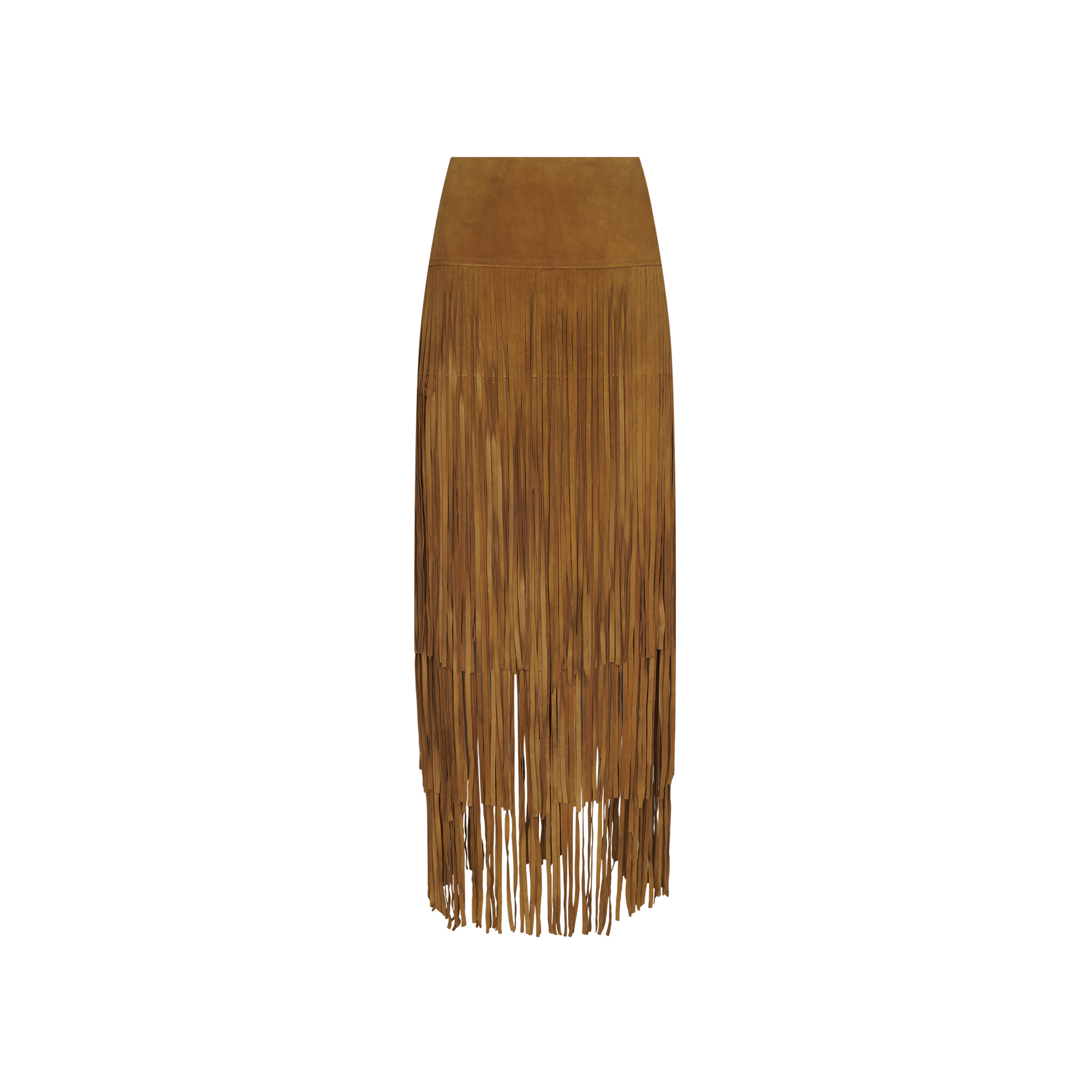 Karoline Suede Fringe Skirt in tan, featuring a high-waisted midi length and tiered fringe detailing.