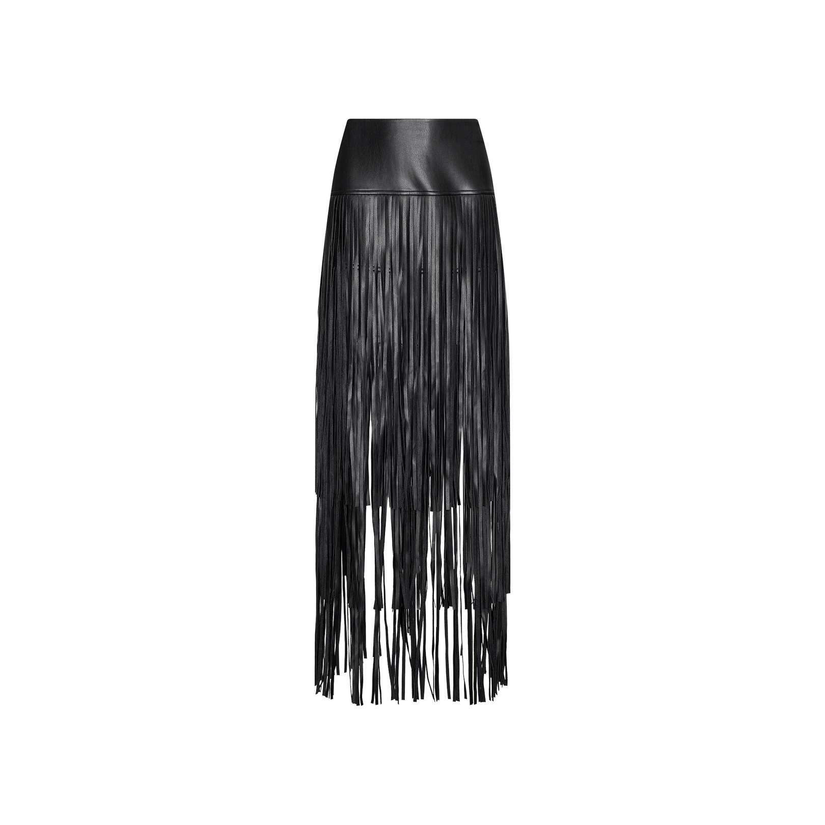 The Karoline Fringe Skirt is crafted from black vegan leather and features a high waist with long, narrow fringe strands cascading down to ankle length, creating a dramatic and textured look against a plain white background—an unforgettable statement skirt.