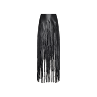 The Karoline Fringe Skirt is crafted from black vegan leather and features a high waist with long, narrow fringe strands cascading down to ankle length, creating a dramatic and textured look against a plain white background—an unforgettable statement skirt.