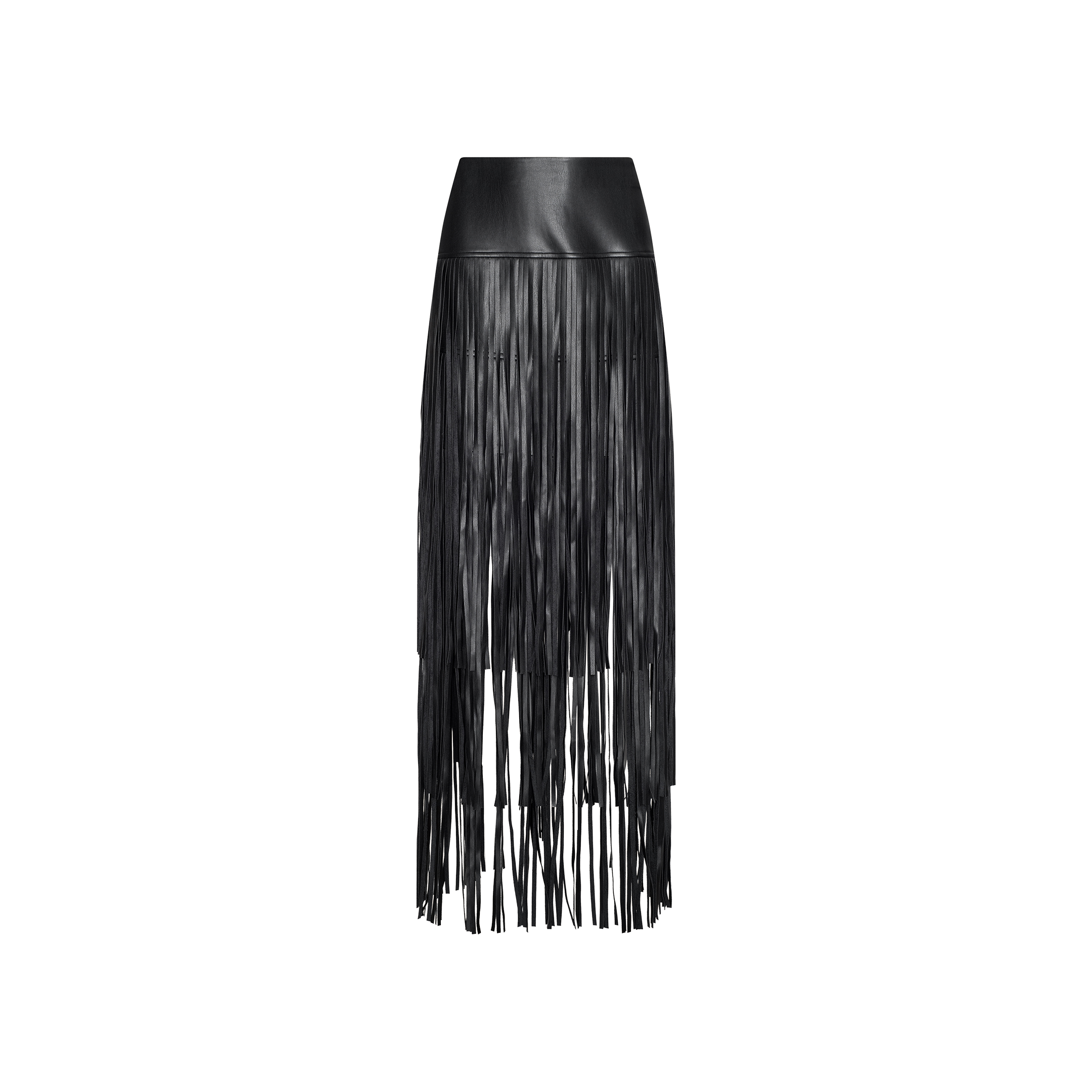 The Karoline Fringe Skirt is crafted from black vegan leather and features a high waist with long, narrow fringe strands cascading down to ankle length, creating a dramatic and textured look against a plain white background—an unforgettable statement skirt.