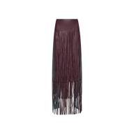 Karoline Fringe Skirt in deep burgundy, featuring a maxi length and layers of long, thin fringe in a statement design.