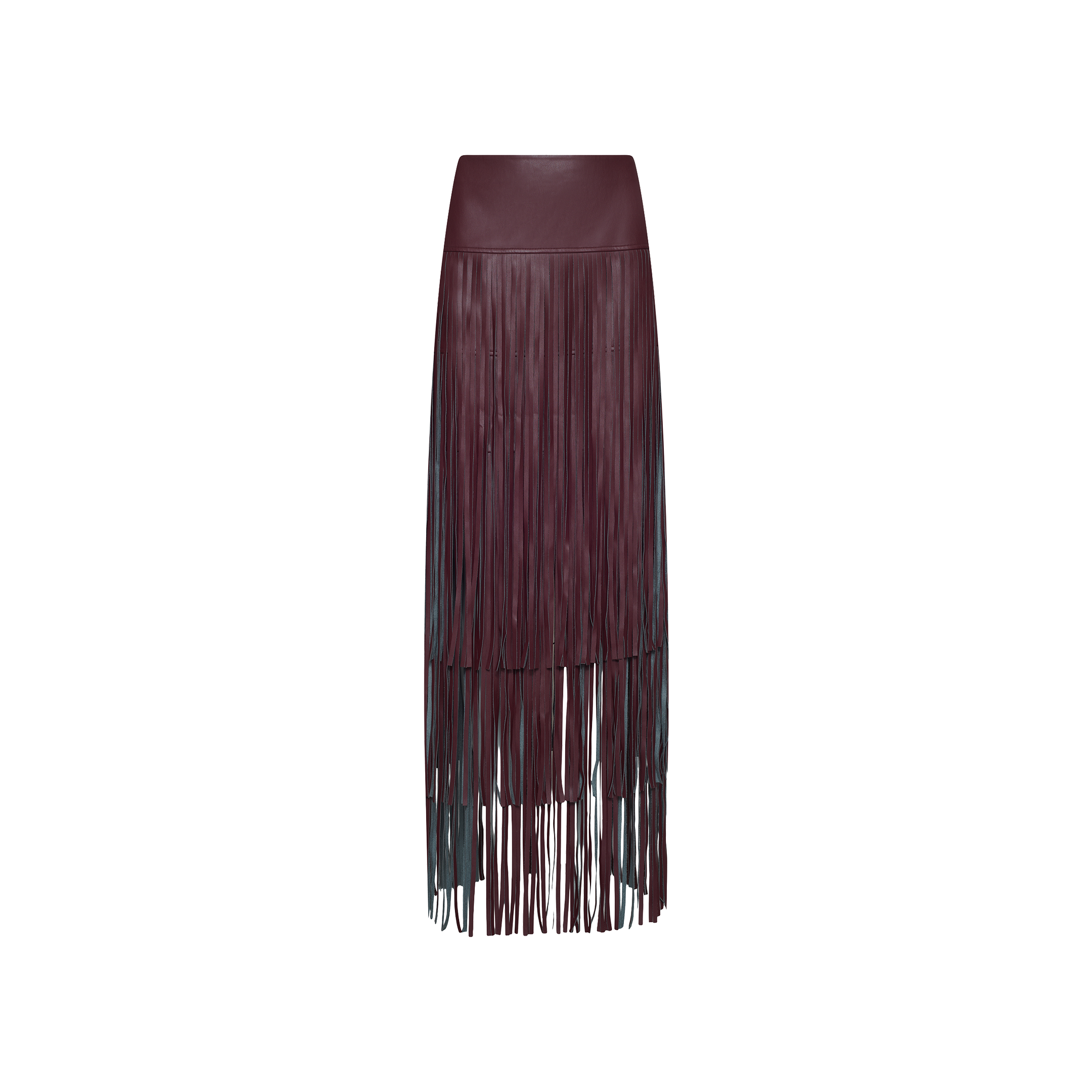 Karoline Fringe Skirt in deep burgundy, featuring a maxi length and layers of long, thin fringe in a statement design.