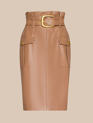 Introducing the Kaelis Vegan Leather Skirt: a high-waisted beige midi skirt featuring a chic paperbag waist silhouette, wide matching belt, two side pockets adorned with gold buttons, and a flattering fitted design.