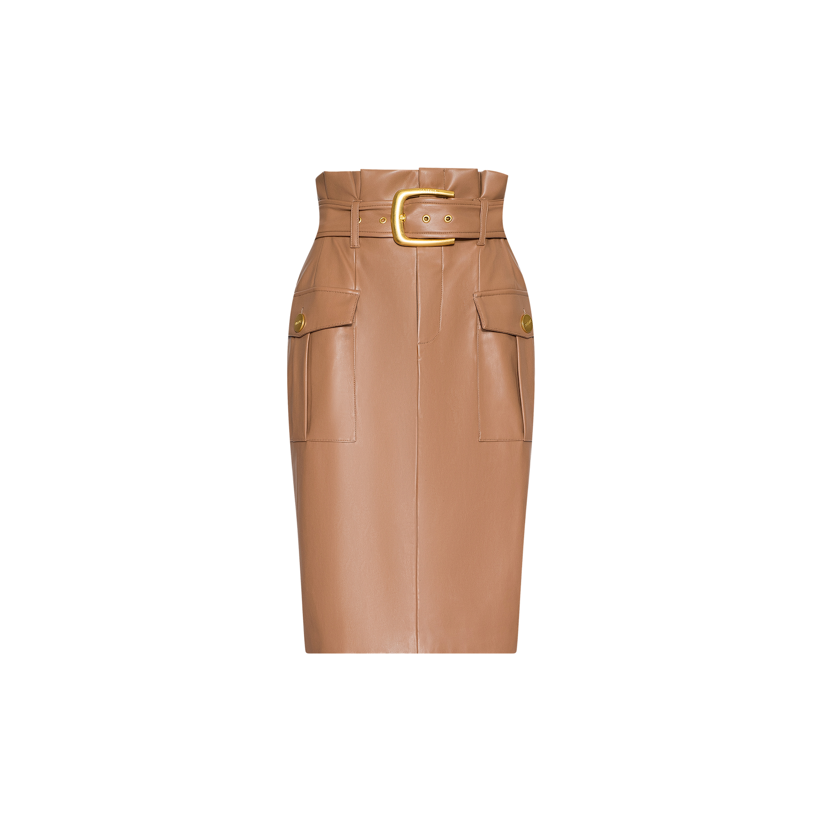 The Kaelis Vegan Leather Skirt is a high-waisted tan pencil skirt featuring a subtle paperbag waist, two front flap pockets with button details, and a wide matching belt with a gold buckle. This classic midi silhouette is showcased against a plain white background for a modern touch.