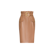 The Kaelis Vegan Leather Skirt is a high-waisted tan pencil skirt featuring a subtle paperbag waist, two front flap pockets with button details, and a wide matching belt with a gold buckle. This classic midi silhouette is showcased against a plain white background for a modern touch.