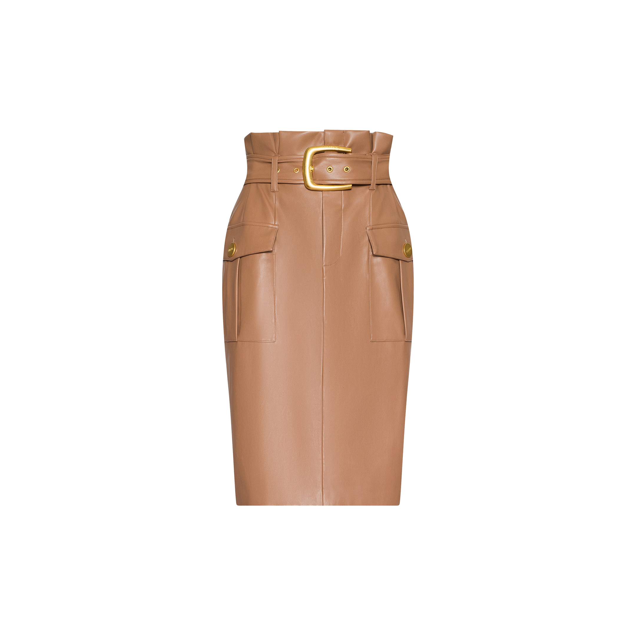 The Kaelis Vegan Leather Skirt is a high-waisted tan pencil skirt featuring a subtle paperbag waist, two front flap pockets with button details, and a wide matching belt with a gold buckle. This classic midi silhouette is showcased against a plain white background for a modern touch.