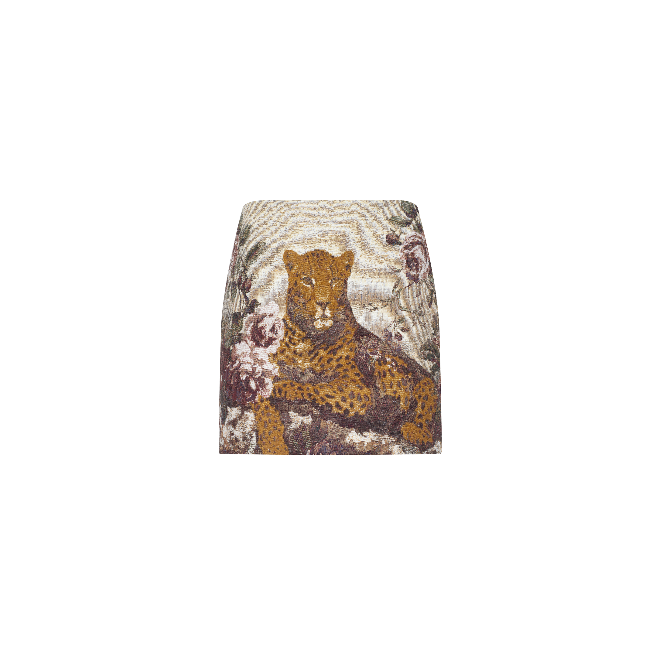 Introducing the Marseille Mini Skirt—a vintage-inspired piece featuring a luxurious print of a leopard reclining amidst flowers and foliage on a neutral background. Crafted from Italian jacquard, this skirt showcases an elegant tapestry design that brings timeless sophistication to your wardrobe.