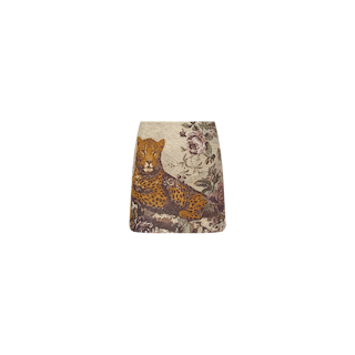 Introducing the Marseille Mini Skirt—the epitome of vintage-inspired style. This elegant mini skirt features a tapestry design with a resting leopard and floral motifs set against a beige backdrop, expertly crafted from luxurious Italian jacquard for a truly timeless appeal.