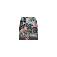 The Marseille Mini Skirt is a unique piece of wearable art, crafted from custom Italian tapestry jacquard and featuring a vibrant floral print with roses and greenery. It is displayed against a plain white background.