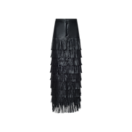 Black vegan leather Sevigne Fringe Skirt in a midi length featuring a smooth waistband and multiple tiers of long fringe.