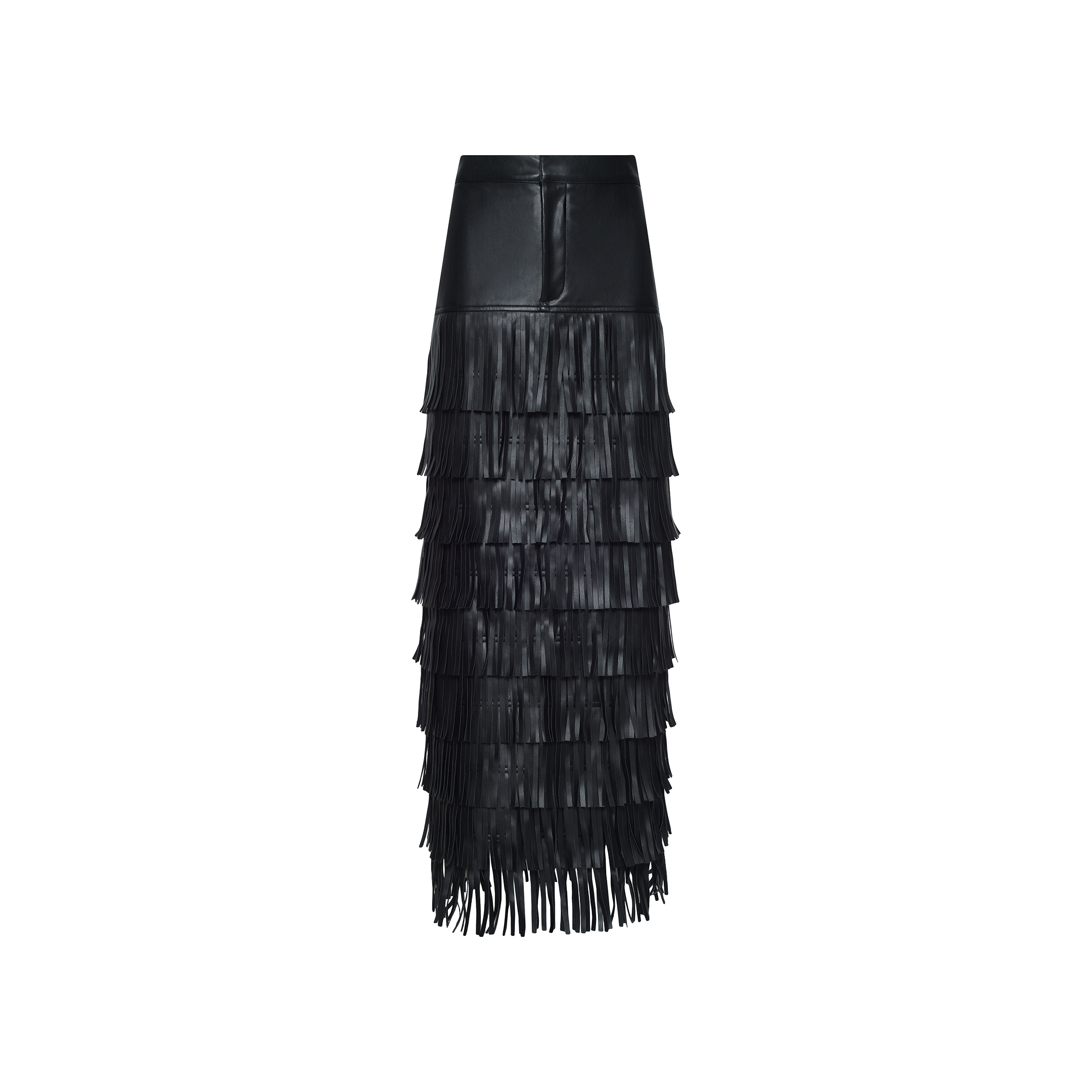 Black vegan leather Sevigne Fringe Skirt in a midi length featuring a smooth waistband and multiple tiers of long fringe.