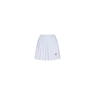 The Aryna Pleated Tennis Skort is crafted from a lightweight knit fabric in white, featuring crisp pleats, a wide waistband, and a small embroidered logo near the left hem. It is displayed against a plain white background.