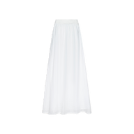 The Evangelina Maxi Skirt is a long, white maxi skirt featuring a simple elastic waistband, crafted from breathable sheer fabric and displayed against a plain white background.