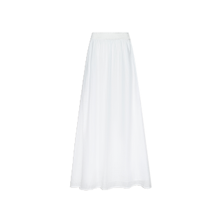 The Evangelina Maxi Skirt is a long, white, sheer maxi skirt featuring an elastic waistband and crafted for breathability and comfort on summer days, displayed against a plain white background.