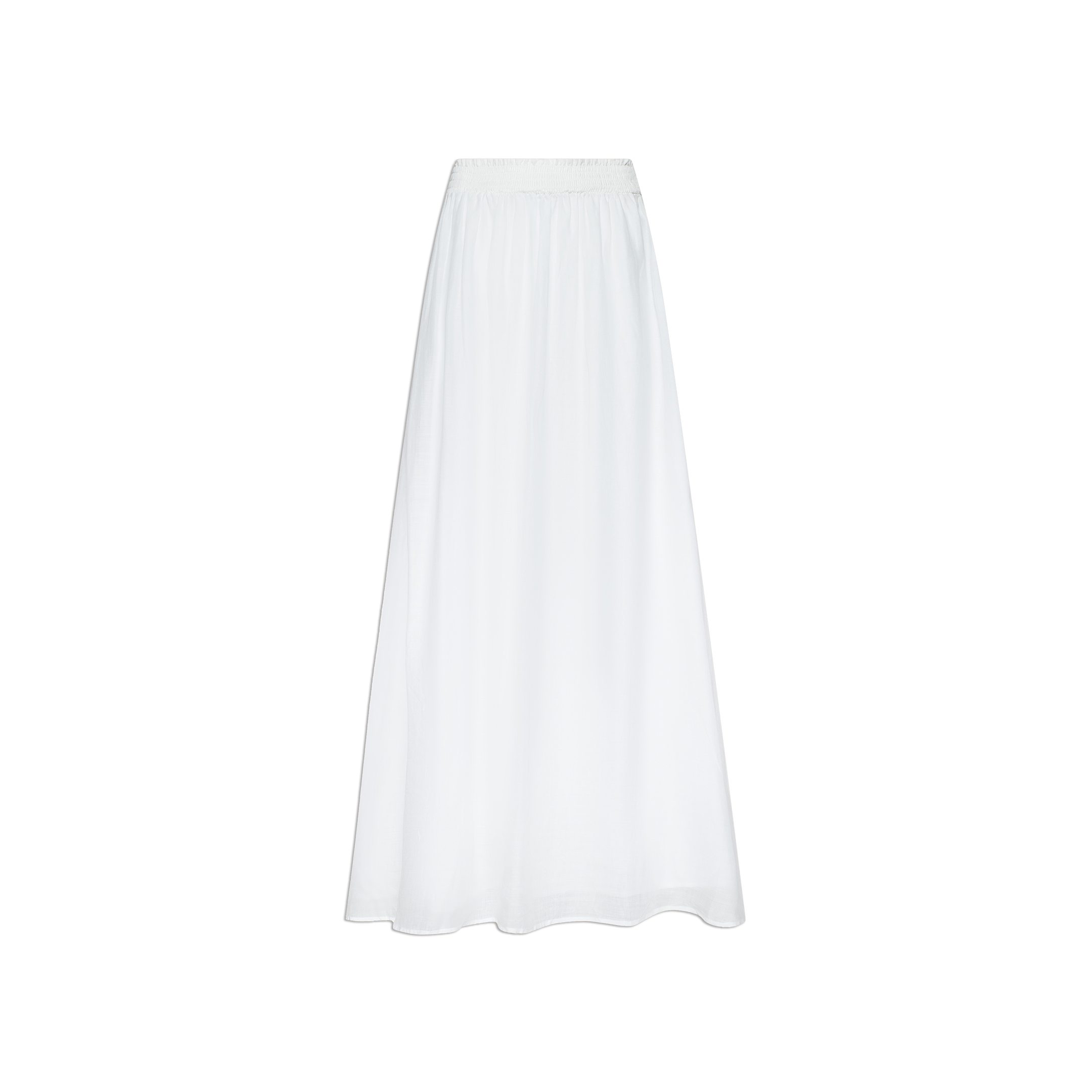 The Evangelina Maxi Skirt is a long, white maxi skirt featuring a simple elastic waistband, crafted from breathable sheer fabric and displayed against a plain white background.