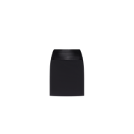 Truth Cummerbund Skirt, a black tailored mini skirt featuring a wide, pleated waistband.