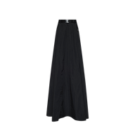 The black Sylas Nylon Skirt is a water-repellant, floor-length A-line maxi skirt featuring a high front slit and a buckled waistband.