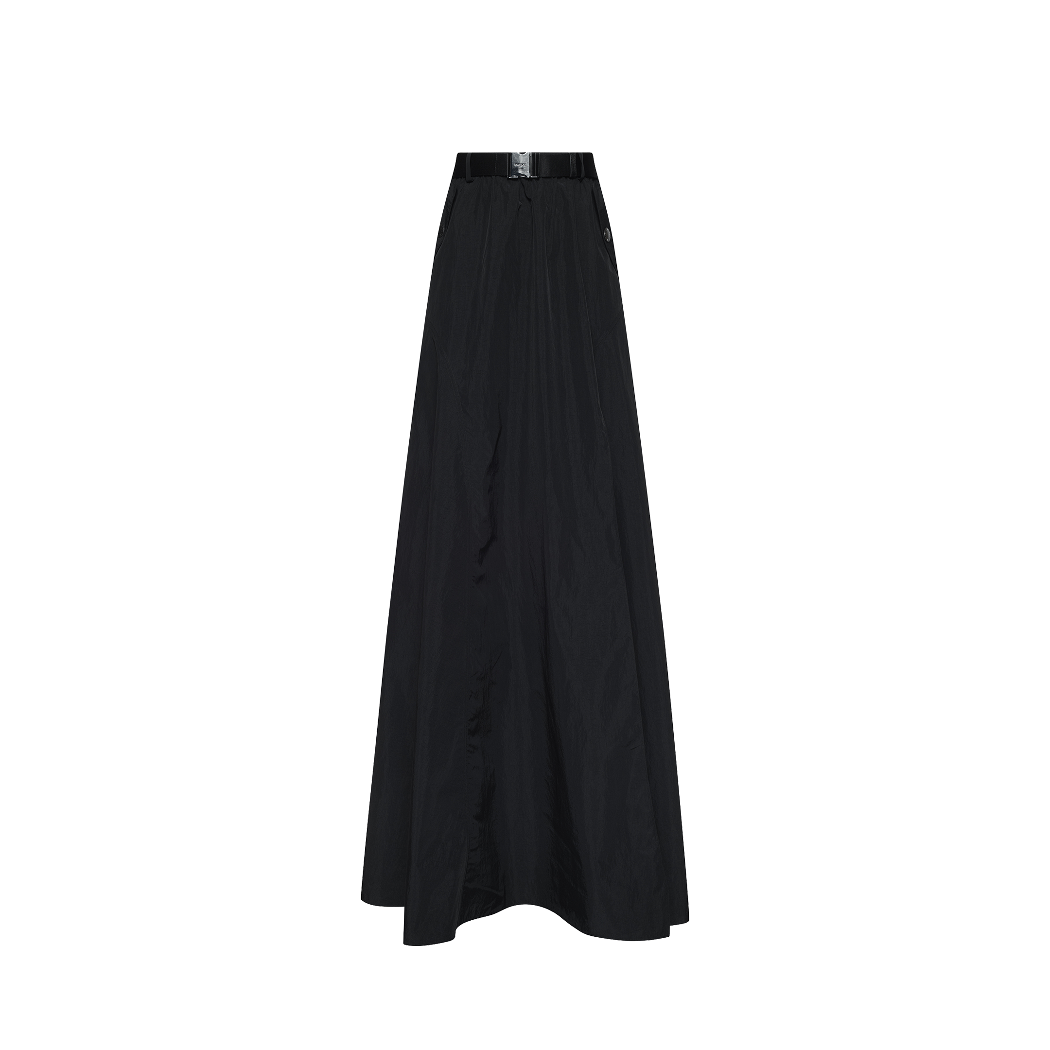 The black Sylas Nylon Skirt is a water-repellant, floor-length A-line maxi skirt featuring a high front slit and a buckled waistband.