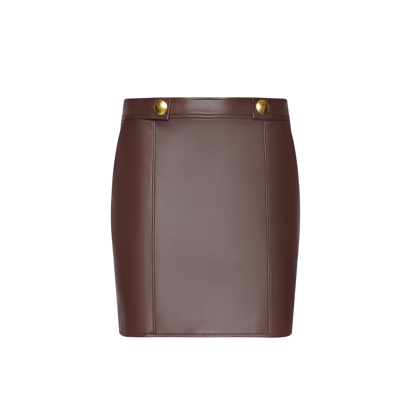 The Nolina Mini Skirt, crafted from mahogany brown vegan leather and featuring gold button details at the waistband, is displayed against a plain white background.