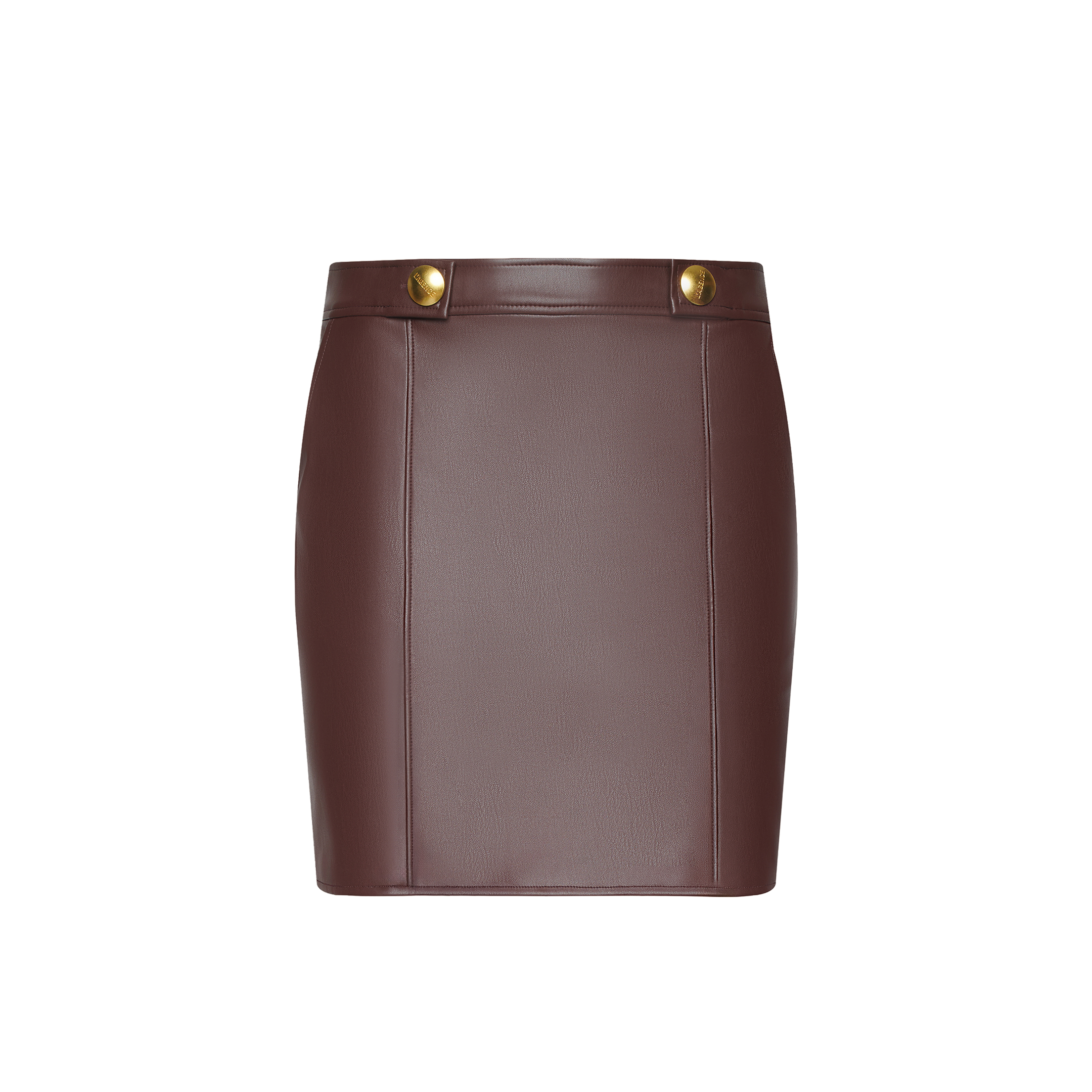 The Nolina Mini Skirt, crafted from mahogany brown vegan leather and featuring gold button details at the waistband, is displayed against a plain white background.