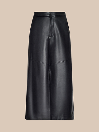 The Arlena Vegan Leather Mini Skirt is crafted from black vegan leather and features a high waist with seam detailing across the middle, displayed against a beige background. Subtle whip-stitch seams add a touch of texture.