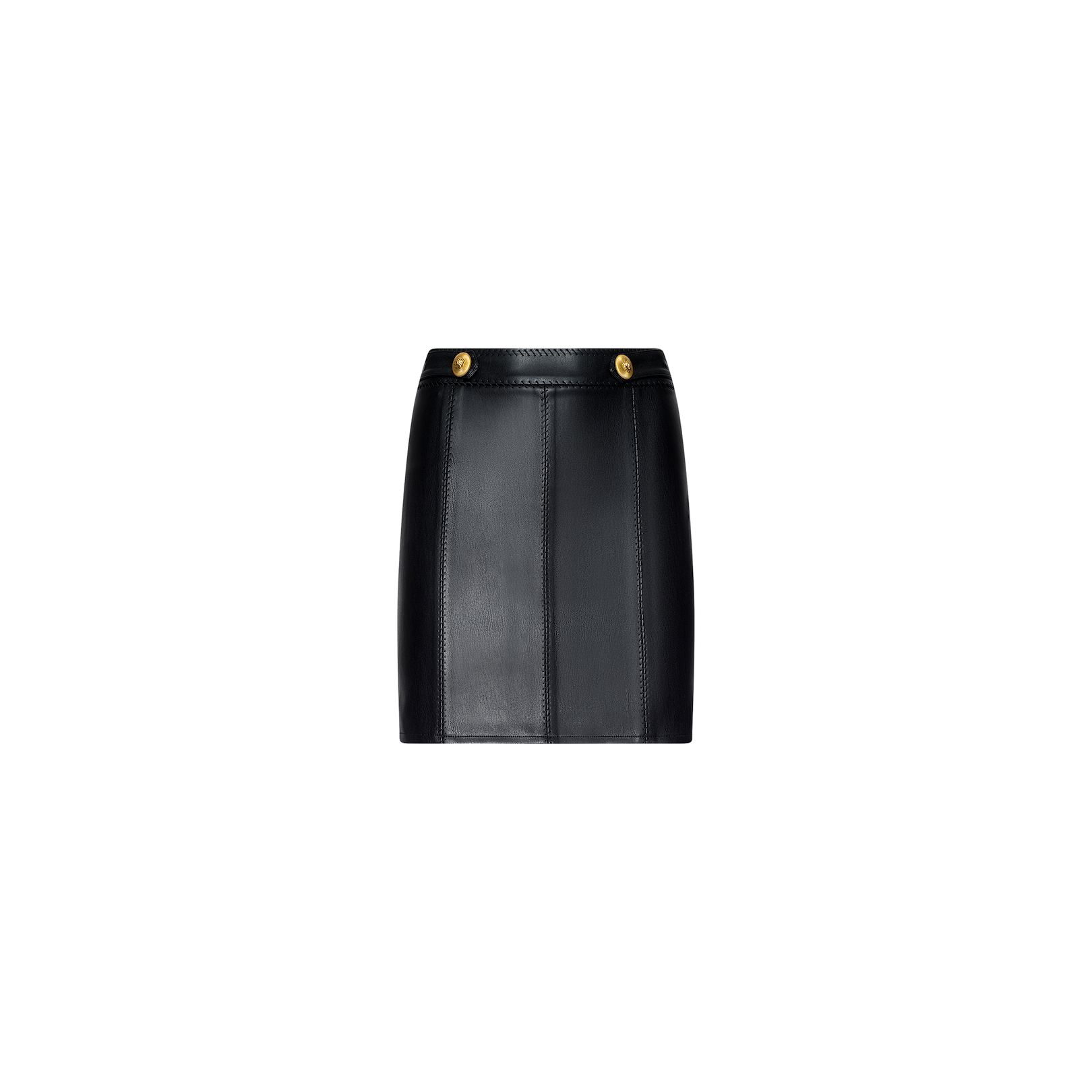 The Arlena Vegan Leather Mini Skirt, in black, features vertical whip-stitch seams and two gold hardware buttons at the waistband, shown against a plain white background.