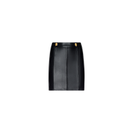 The Arlena Vegan Leather Mini Skirt, in black, features vertical whip-stitch seams and two gold hardware buttons at the waistband, shown against a plain white background.