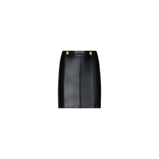 The Arlena Vegan Leather Mini Skirt, in black, features vertical whip-stitch seams and two gold hardware buttons at the waistband, shown against a plain white background.