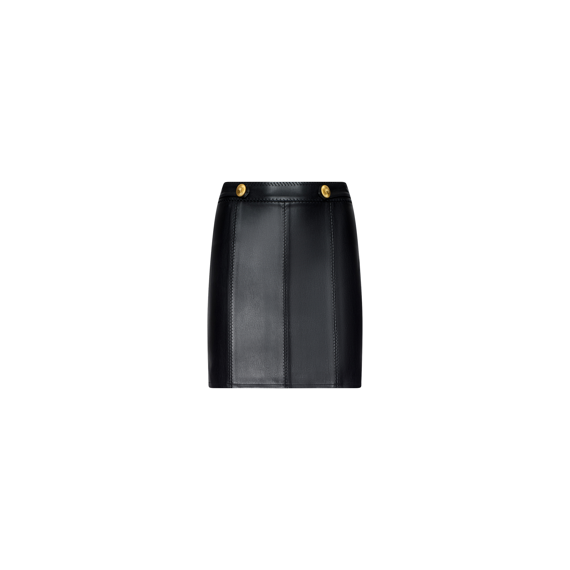 The Arlena Vegan Leather Mini Skirt, in black, features vertical whip-stitch seams and two gold hardware buttons at the waistband, shown against a plain white background.