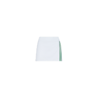 Introducing the Iga Tennis Skort: a white mini wrap skirt designed with two vertical green stripes down one side, made from performance fabric and showcased on a plain white background.