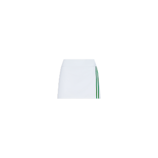 The Iga Tennis Skort is a white mini tennis skirt featuring two vertical green stripes down the right side, crafted from performance fabric and displayed on a plain white background.