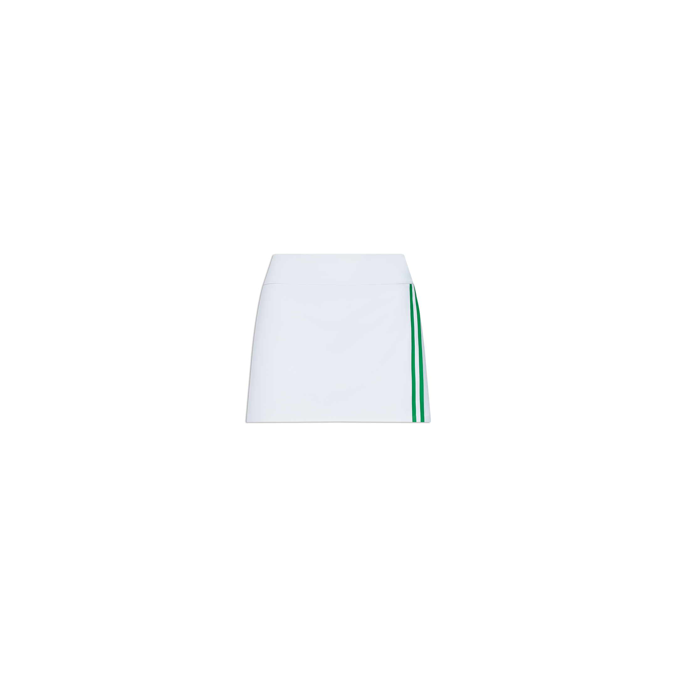 Introducing the Iga Tennis Skort: a white mini wrap skirt designed with two vertical green stripes down one side, made from performance fabric and showcased on a plain white background.