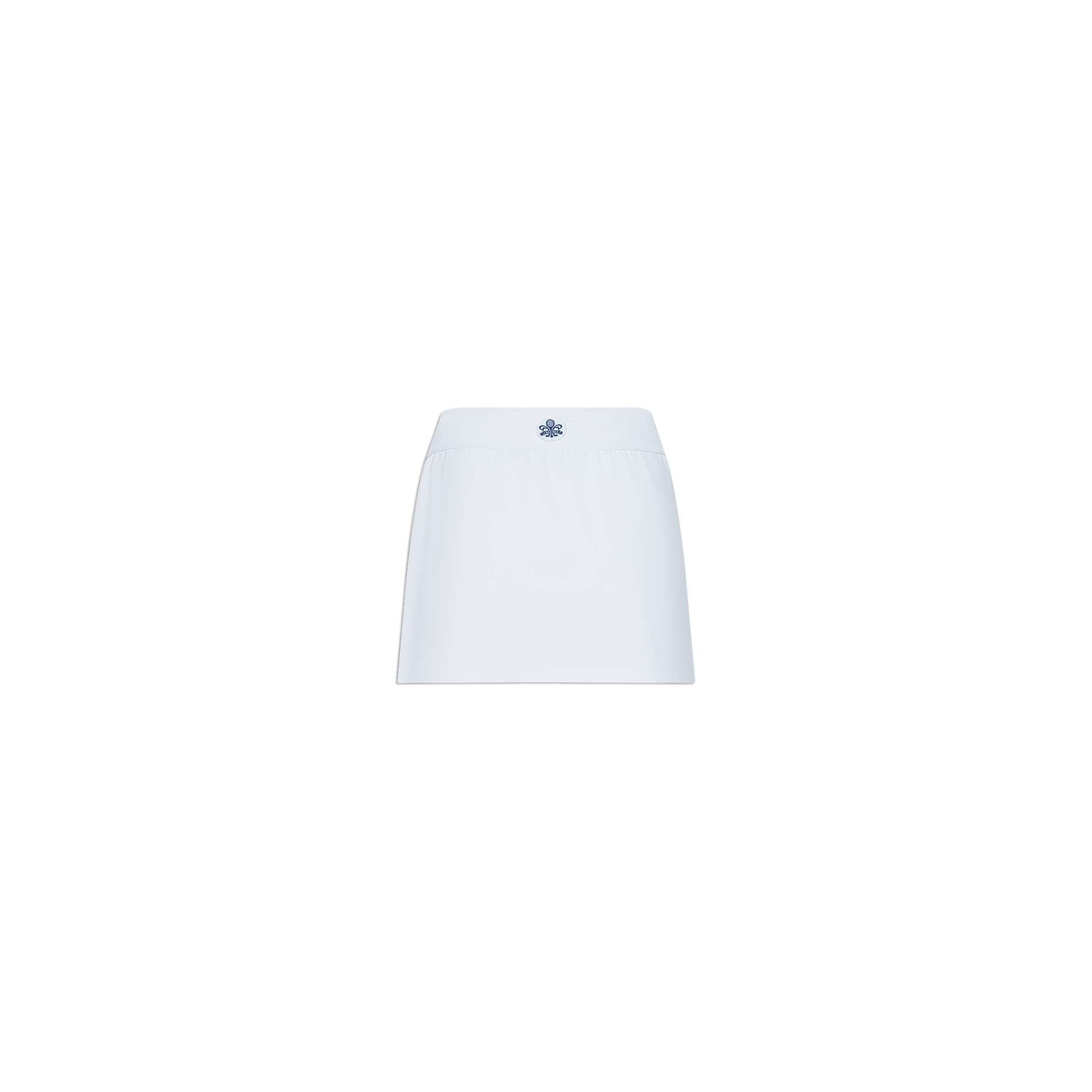 Iga Tennis Skort with a mini straight cut, crafted from performance fabric and finished with a small blue embroidered logo at the center waistband. Displayed on a plain white background.