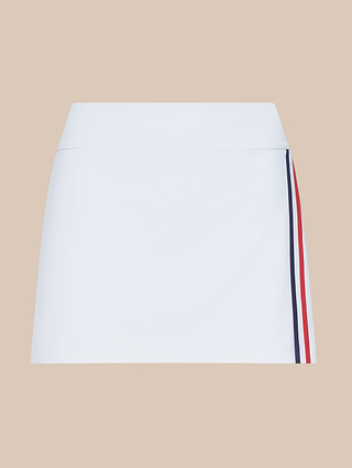 Iga Tennis Skort showcased on a beige background—a white mini tennis skort with a straight cut, accented by red, white, and navy blue vertical stripes on the right side, crafted from lightweight performance fabric for enhanced comfort.