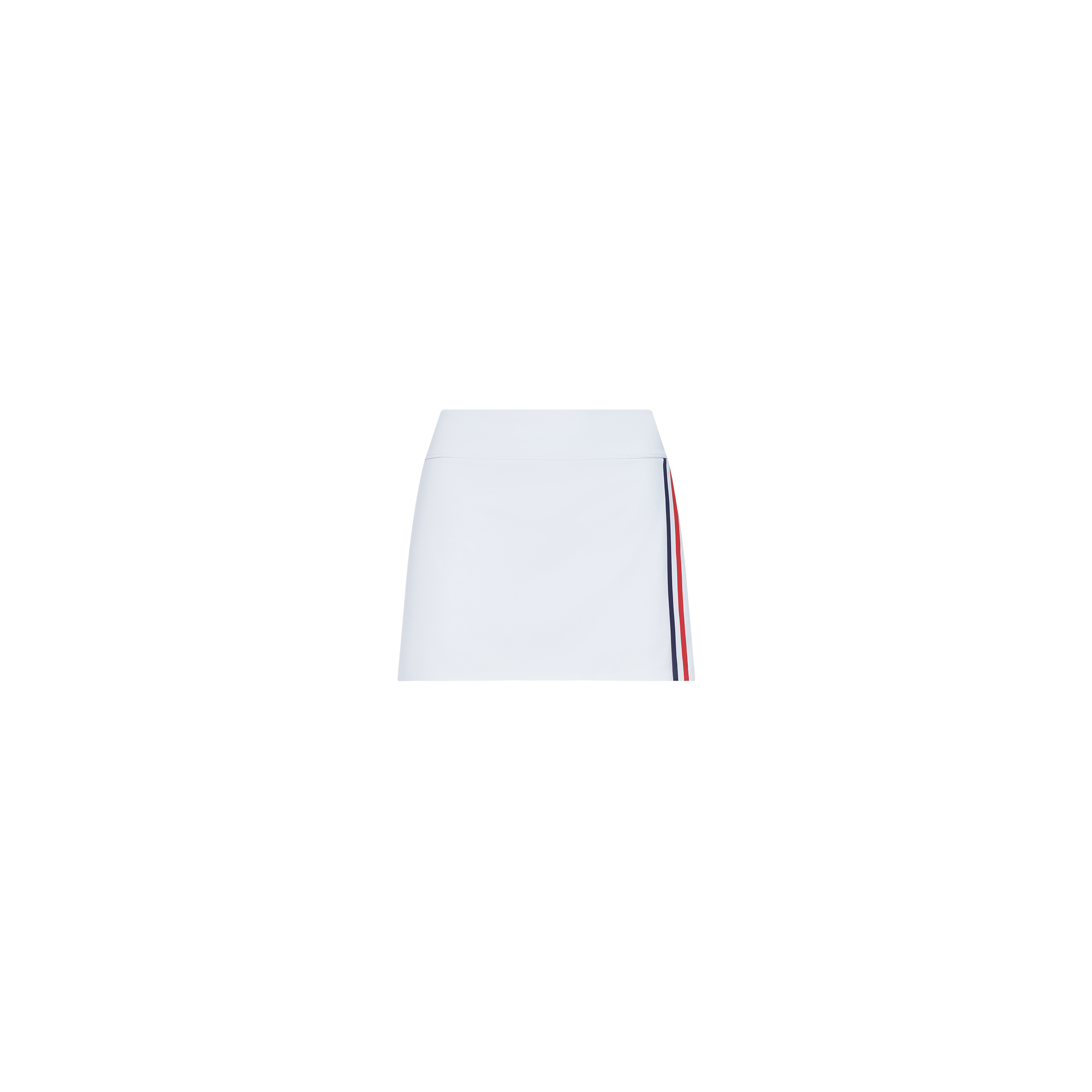 The Iga Tennis Skort is a white mini tennis skirt with a simple design, featuring a vertical red and navy blue stripe along one side, displayed against a plain white background.