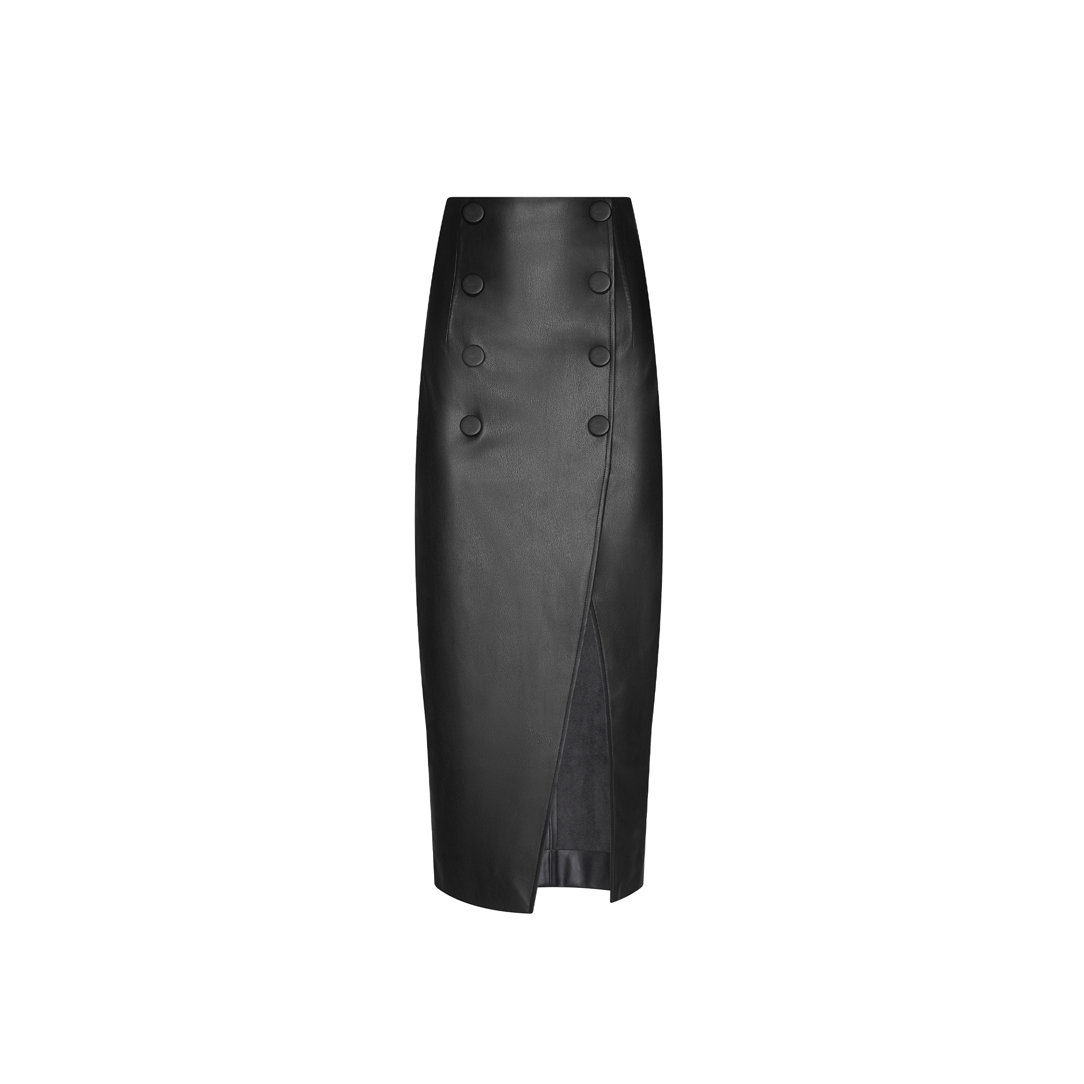 Channeling Paris Fashion Week vibes, the Avalon Midi Skirt is a black high-waisted faux leather piece with a front overlap, double-button detail, and subtle slit—perfect for a Spring 2027 fashion presentation.
