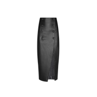 Channeling Paris Fashion Week vibes, the Avalon Midi Skirt is a black high-waisted faux leather piece with a front overlap, double-button detail, and subtle slit—perfect for a Spring 2027 fashion presentation.