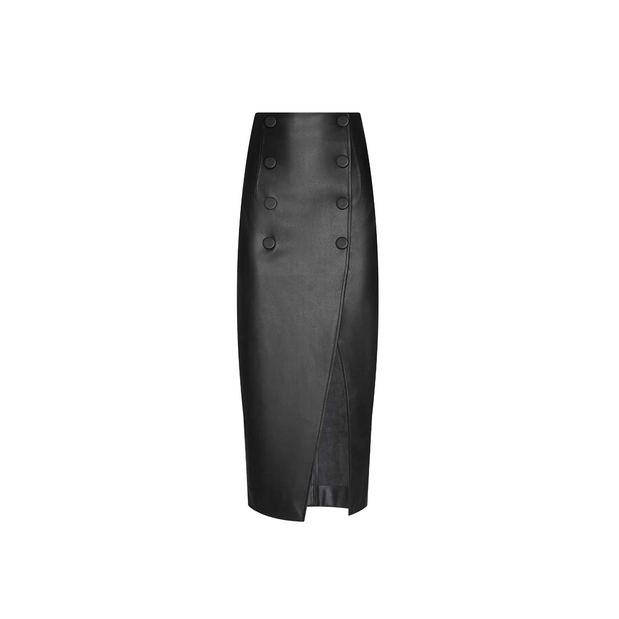 Channeling Paris Fashion Week vibes, the Avalon Midi Skirt is a black high-waisted faux leather piece with a front overlap, double-button detail, and subtle slit—perfect for a Spring 2027 fashion presentation.