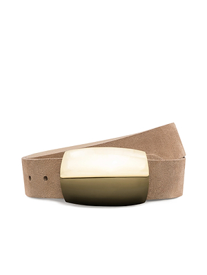 The Milou Suede Belt by L'AGENCE features tan suede and a large, rectangular, two-tone solid brass buckle—light cream on top, gold below. Handcrafted in LA and displayed against a white background.