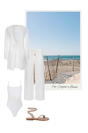 Flat lay of a white summer outfit with a long-sleeve cover-up, wide-leg pants, one-piece swimsuit, and tan sandals, set beside a photo of a sunny beach with sand, a wooden fence, and blue sky.