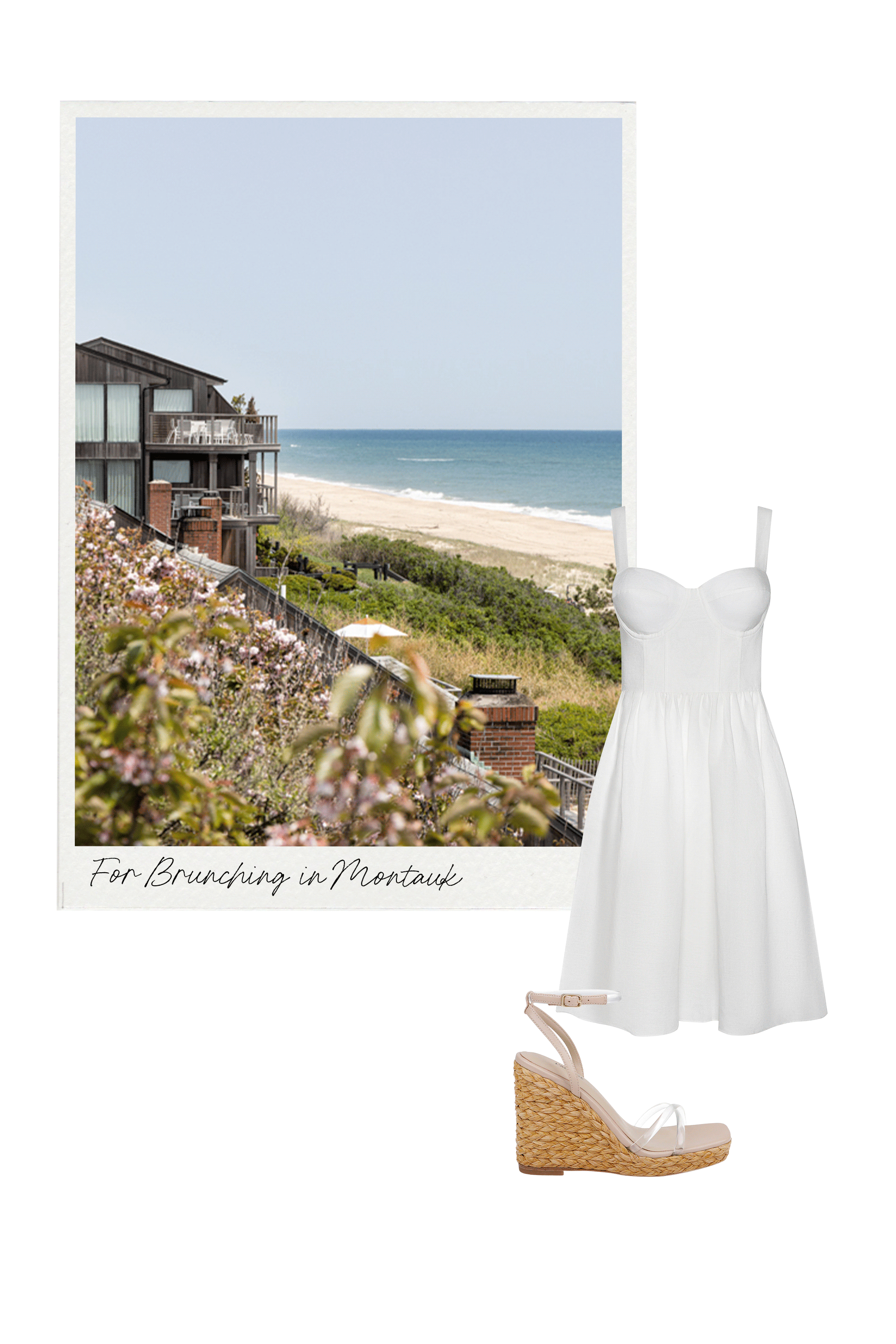 A photo of a beachside view with coastal buildings and ocean, overlaid with a white sundress and wedge sandals, suggesting an outfit idea for brunching in Montauk.