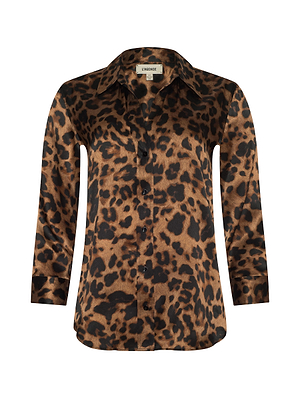 The Dani Silk Blouse by L'AGENCE is a long-sleeved, satin-like button-down with a pointed collar and bold brown and black leopard print.